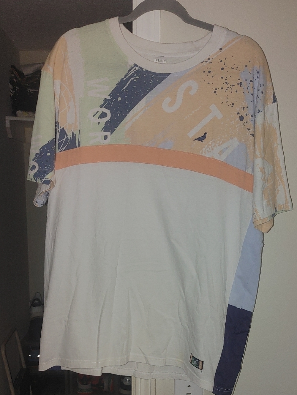 Staple Men's White Tee with Pastel Colorblock and Navy Accents